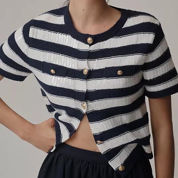 SAM EDELMAN Colleen Stripe Short Sleeve Cardigan knit blue Size Medium NWT - Picture 1 of 11